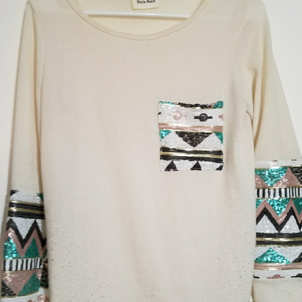 Cream sequin pocket and sleeves long sleeve top